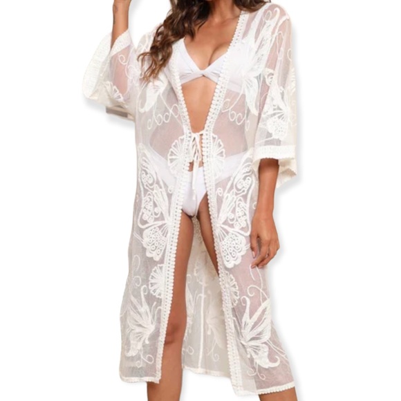 White Butterfly Embroidery Detailed Waist Tie Maxi Beach Kimono Robe - Picture 2 of 4